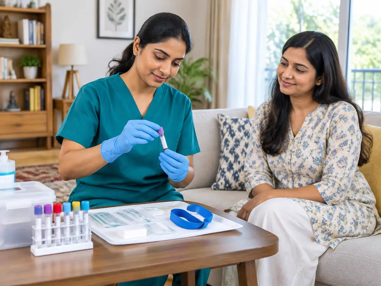 A phlebotomist preparing blood collection supplies during a home visit